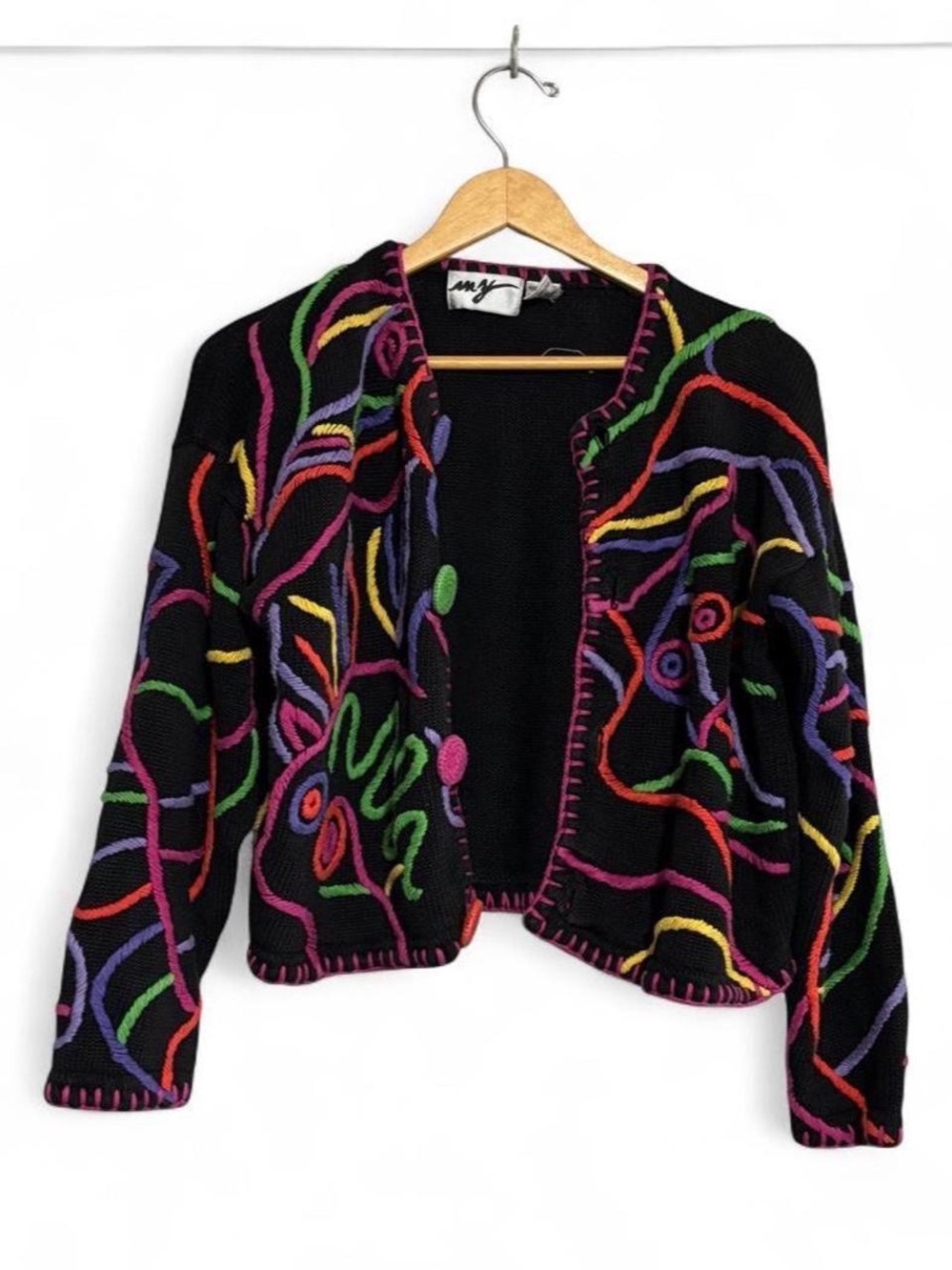 Vintage Black Multicolor Embroidered Cardigan Sweater